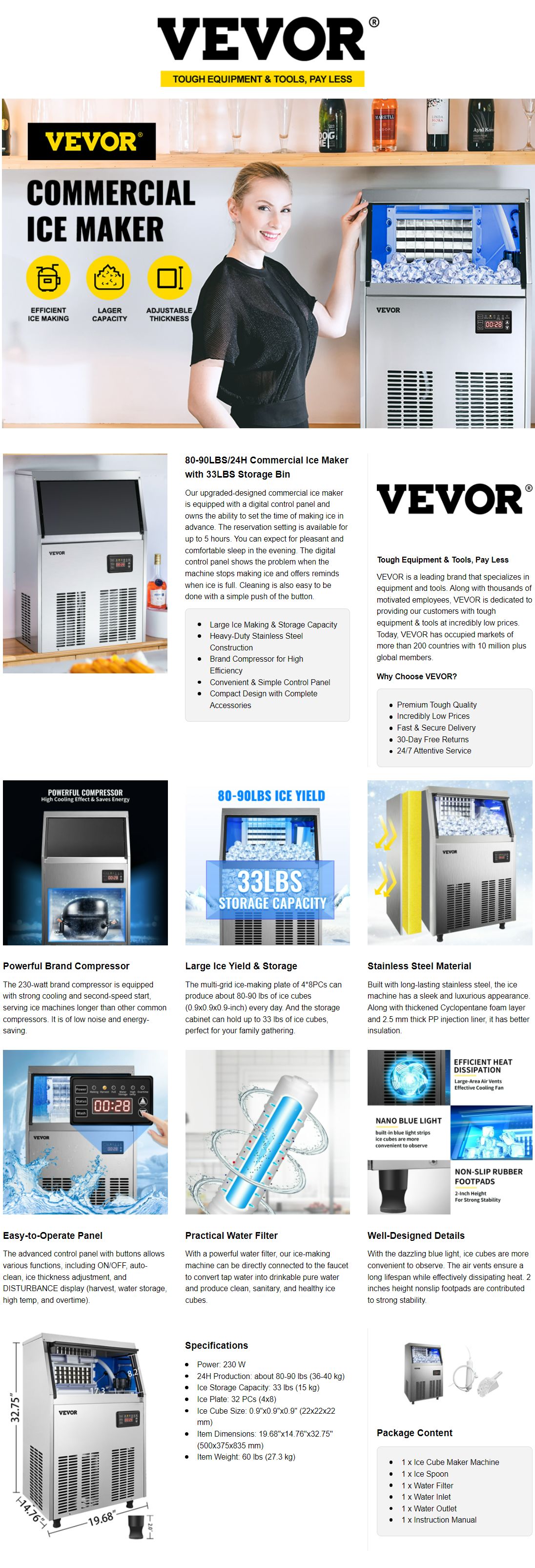 VEVOR 88 lb. Freestanding Commercial Ice Maker in Silver Stainless Steel with 33 lb. Ice Bin